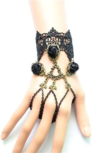 Rurah Fashion Retro Lace Bracelet with Ring Wedding Wristband Black Flower Ring Bracelet