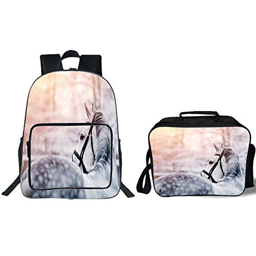 19" School Backpack & Lunch Bag Bundle,Horse Decor,Portrait of Gray Sports Stallion in Winter Sunset Scenery Purebred Mare Decorative,White Black Yellow,for Boys Girls
