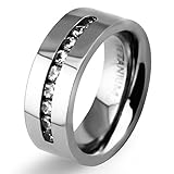Will Queen 8mm White Titanium Classic Wedding Bands with Brilliant Diamond Inlay for Men High Polish Women's Engagement Tungsten Bands Flat Couple Matching Ring 10