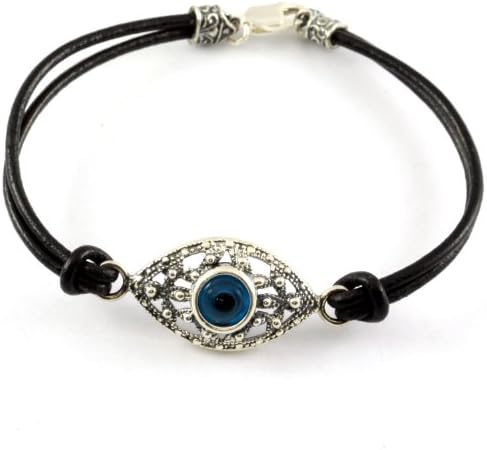 Silver Evil Eye Black Leather Bracelet