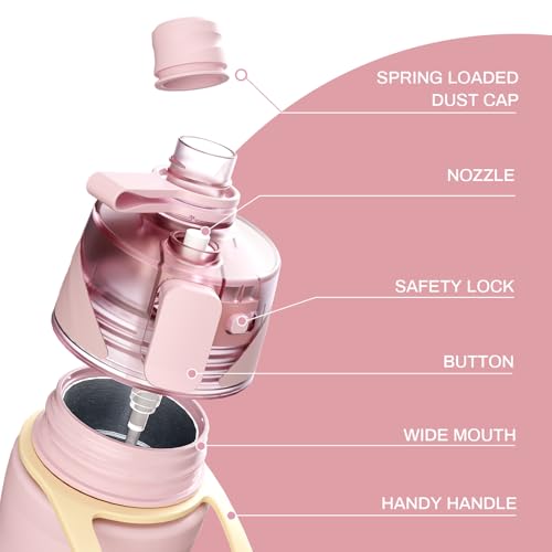 magcheer 750ml Insulated Metal Spray Water Bottle | Stainless Steel Water Bottle with Spray Mist | Leakproof Misting Drinking Bottle for Cycling Hiking Outdoor Sport Hydration Cooling(Pink)