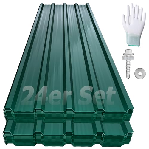 Yrhome 24Er Dachbleche Trapezblech 129,5X45Cm Stahlblech Formblech Platten Dachplatten Wetterfest Wellblechplatten Verzinkter Stahl Für Garagen Dach Inkl. Schrauben Und Handschuhe - Typ A Grün
