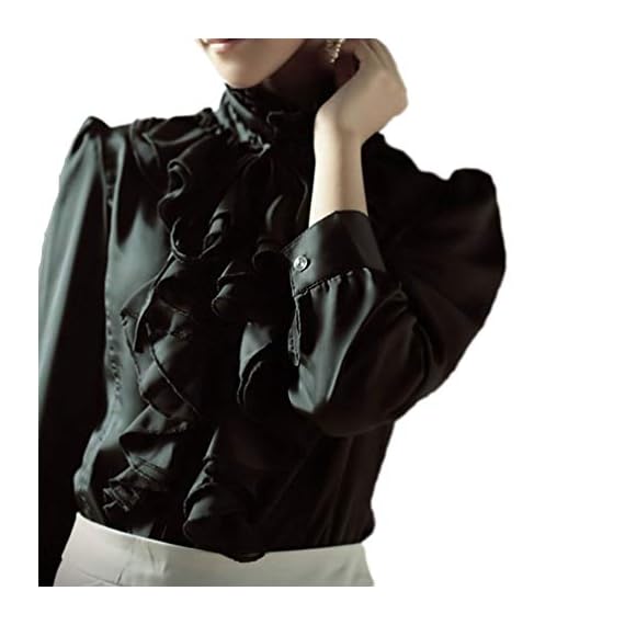 Womens-Ruffle-Blouse-Long-Sleeve-Gothic-Deco-Bow-Tie-High-Neck-Dress-Shirts-8XXL-Black-Chic-Fashionable-Hope-Office-Outfits-Push-up-Romantic-Sheer-Slender-Stand-Collar-Smart