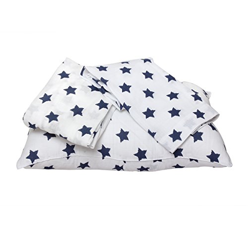 Bacati - Muslin Ikat Stars 4 Piece Boys Toddler Bedding Set 100 Percent Cotton Includes Reversible Comforter, Fitted Sheet, Top Sheet, and Pillow Case (4 pc Toddler Bedding Set, Navy Stars)