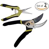 Bypass Pruning Shears Kit - Stainless Steel Gardening Hand Pruner and 1 Micro-Tip Snip Garden Clipper with Sharp Blades for Comfortable Trimming (Set of 2)