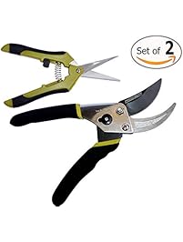 Bypass Pruning Shears Kit - Stainless Steel Gardening Hand Pruner and 1 Micro-Tip Snip Garden Clipper with Sharp Blades for Comfortable Trimming (Set of 2)