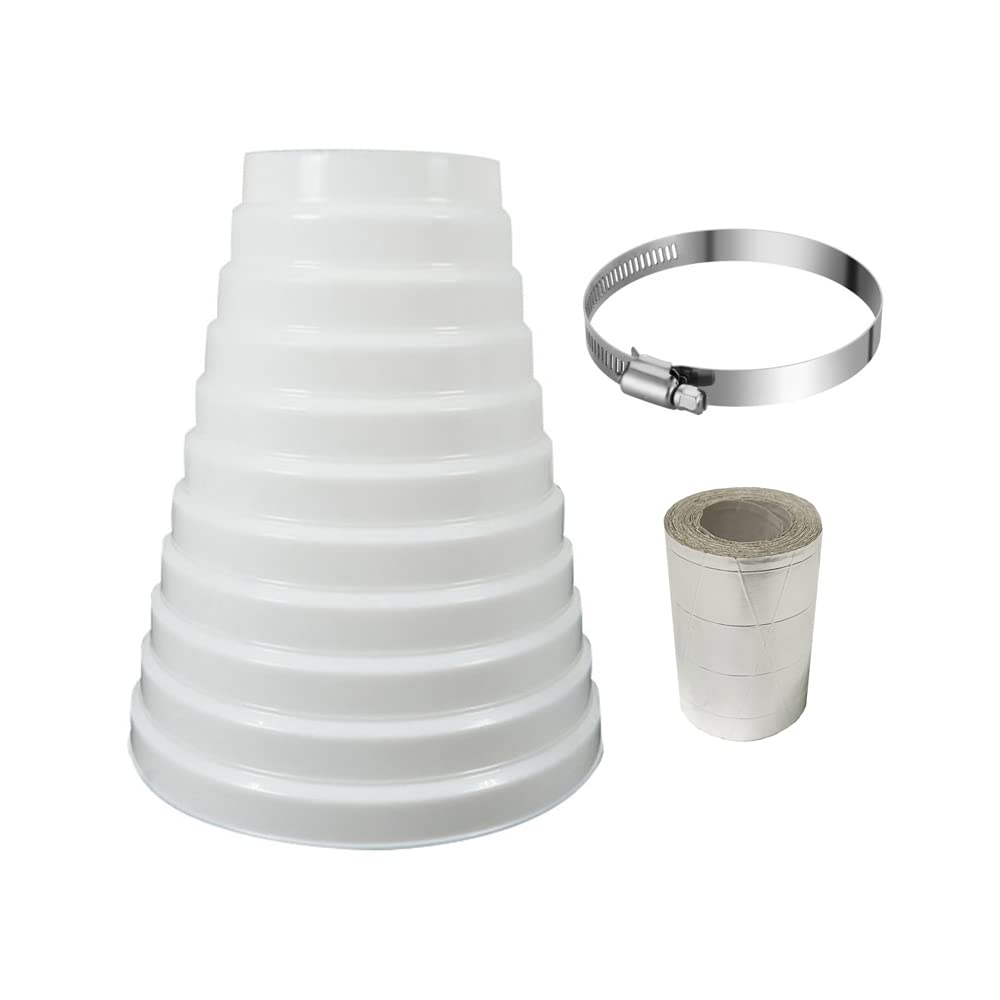 Oneyijun 100-200mm ABS Ducting Reducer Round Pipe Multi Reducer Extractor Fan Ventilation Systems Hose Connector Adapter Diameter White Tube Reducing Ring Duct with Stainless Steel Clamp and Tape