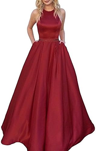 GURNALL Halter A-Line Prom Dress Satin Beaded Long Formal Evening Gown Burgundy Size 12