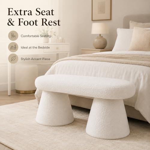 Modern Boucle Ottoman Bench, White Oval Upholstered Entryway Bench with Conical Pedestal Bases, Sherpa Accent Bench Foot Rest Extra Seat for Living Room Bedroom End of Bed, 100 x 40 x 43 cm