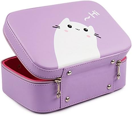 MLIIZYKKI Women Cosmetic Case Beauty Box Cute Cats Print PU Leather Makeup Case for Women Large Capacity (Purple)