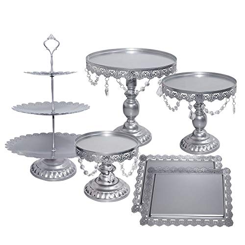 Lucky Monet 6Pcs Crystals Cake Stand Cupcake Tower Stand Wedding Plates Set Metal Round Party Dessert Display Décor with Crystals Beads (6pcs, Silver)