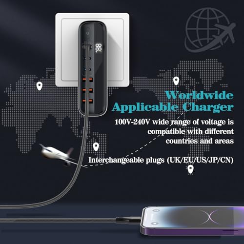 Timerial 140W GaN Fast Travel Charger Station 3 Type C & 3 USB, International Travel US/UK/EU Detachable Plugs,Charging for Laptop Tablet Smart phone,Output Power LED Display,1.5M Extension Cable