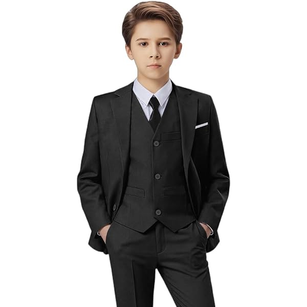 Rafael Boys Slim Fit Tail Tuxedo 5-Piece Set - Floral Pattern, Notch Lapel, Black