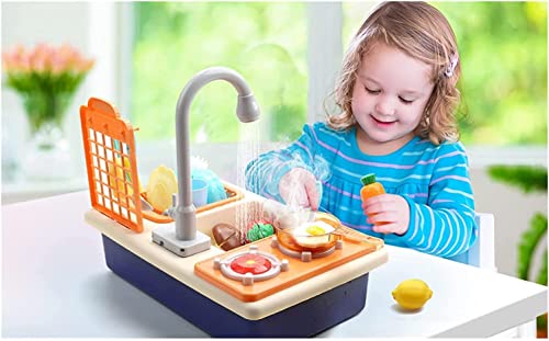 Beauenty Kitchen Sink Toys Water Playset Cooking Stove Play with Running Water House Wash Up Kitchen Sets with Realistic Light Play Dishes Accessories for Girls Boys Kids 3-7 Years Old (Blue)