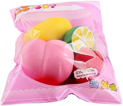 Slow Rising Jumbo Squishy Fruits, Aigogo Cute Kawai Soft Toys Stress Anxiety Release (Lemon, Mango, Peach, and Little Strawberry) (Pack of 4)