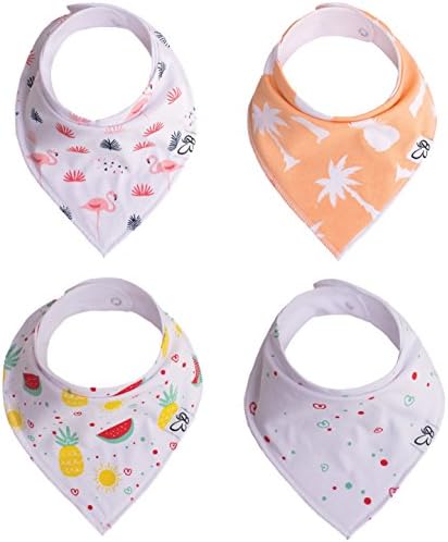 BABYLLONE Baby Bandana Bibs "Qbie" Set of 4 - Ideal as Baby Girl Bandana Bibs, Bandana Drool Bibs and Dribble Bibs - Ultra High Absorption and Unique Appealing Tropical Patterns