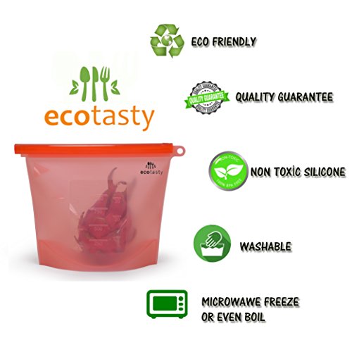 Eco Tasty Essentials Reusable Silicon Food Storage Bags Set of 4 PACK â€“ 1000 ml. Airtight Zip Seal Bags Keep Your Food Fresh. Cooking, Lunch, Snack, Sous, Sandwich, Freezer.