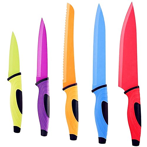 Knife Set, QcoQce 5 Kitchen Knives with 5 Knife Sheath Covers, Chef Knife Sets with Carving Serrated Utility Chef's and Paring Knives - Colored Knife Set FDA Approval (Kitchen Knife)
