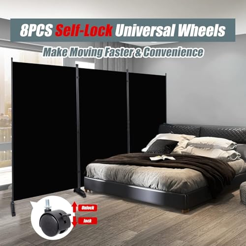 Room Divider Folding Privacy Screens with Wheels, 6FT Tall Divider for Room Separation, 3 Panel Movable Room Partitons, Indoor Room Dividers Panel with Non-See Through Fabric for Office (Black)