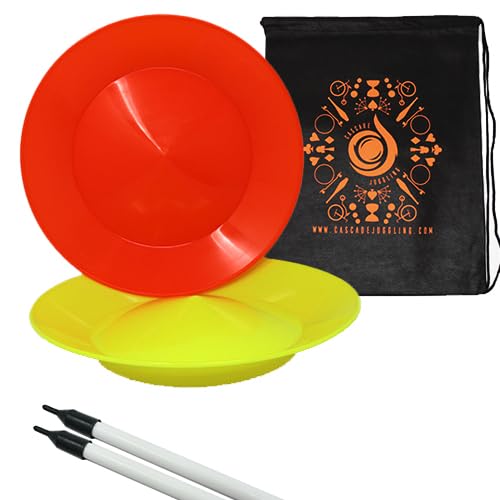 Set of 2 Spinning Plates and Sticks - Flexi Kid's Plate Spinning Set - Includes Cascade Carry Bag (Orange and Yellow)