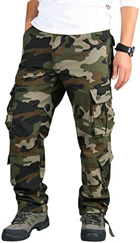 Mens Relaxed-Fit Cargo Pants Multi Pocket Military Camo Combat Work Pants Camo, Green, 28W / 30L