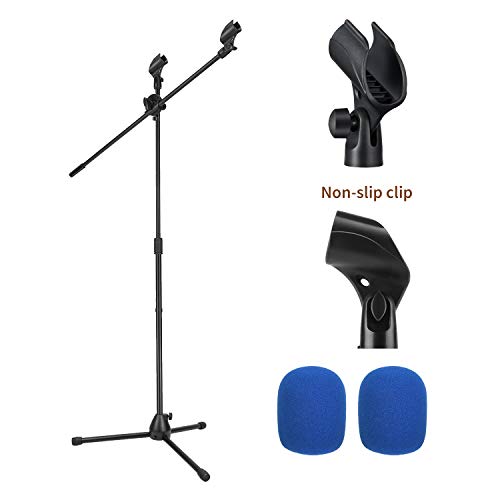 Moukey MMs-3 Mic Stand, Tripod Boom Microphone Stands with 2 Non-Slip Mic Clip,2 Foam cover, Adjustable, Collapsible, For shure sm7b / sm58 (Black)