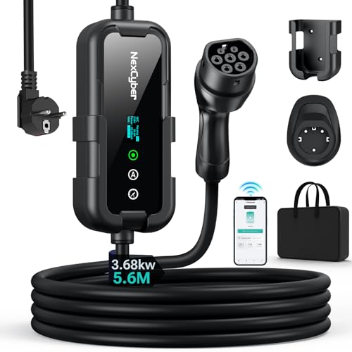 NexCyber 3.68kW Mobile Electric Car Charger with App & OLED, 5.6M Single Phase 230V, 8-16A Adjustable, CEE 20A Socket 2 Pole IP66+FI, Type 2, Wall & Portable, for Model 3/Y, ID.3, etc. BEV/PHEV