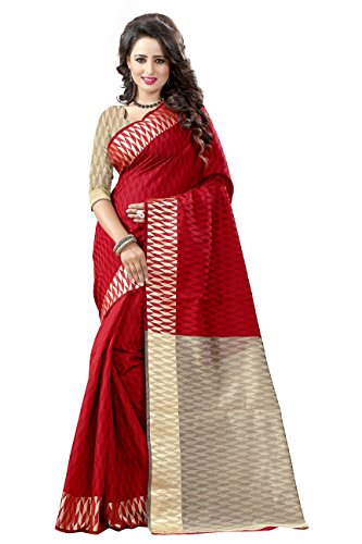 Red Colour Banarasi Saree With Unstitched Blouse Piece, Free Size.