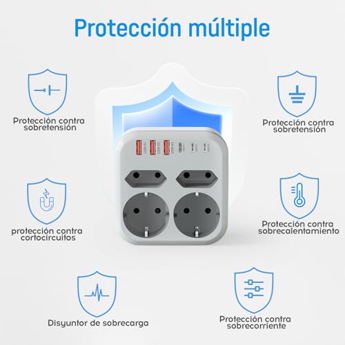 Thief Flat Sockets, 10 in 1, Multiple Plug with 6 USB, 2 Schuko and 2 EU Plugs, Wall Sockets, Double Plug 3500W, Thief USB C Plugs for Mobile, Family, Office, Kitchen, Grey White