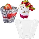72 Pack Deluxe Mini Dessert Cups | 2.37 Ounce Disposable Small Clear Plastic Cup, Elegant Petal Design | Effortless Gourmet Desserts and Dips | For Weddings, Parfait Cups, Sample Tasting, Appetizers