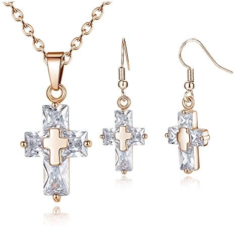 BONFASH Fashion Crystal Cross Necklace Earring Set Rose Gold Jewelry Set for Women Girls
