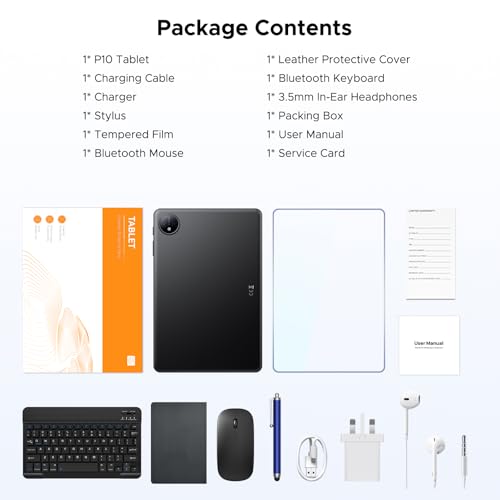 P10 10 Inch Android 16 Tablet with Gemini AI, 48GB+128GB/TF 2TB, 7000mAh, Quad-Core Processor, 90Hz, 5+8MP/Dual Speakers/3.5mm Headphone Jack/Face Unlock/Widevine L1, Tablet with Keyboard & Pen, Blue