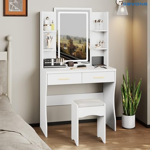 DAYONG Makeup Vanity Desk with LED 3-Colour Mirror, Vanity Dressing Table with 2 Drawers and Open Shelves, Vanity Table Set with Cushioned Stool for Bedroom, 80x140cm (White)