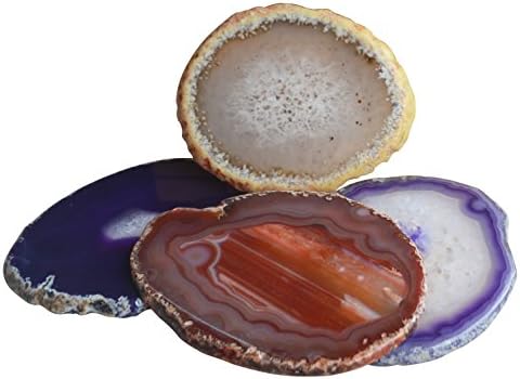 Set of 4 Natural Sliced Agate Coasters,4-5".Hand-Picked,Sliced And Polished To Perfection.With Protective Rubber Bumpers.Perfect For Everyday Use,As Well As Gifts