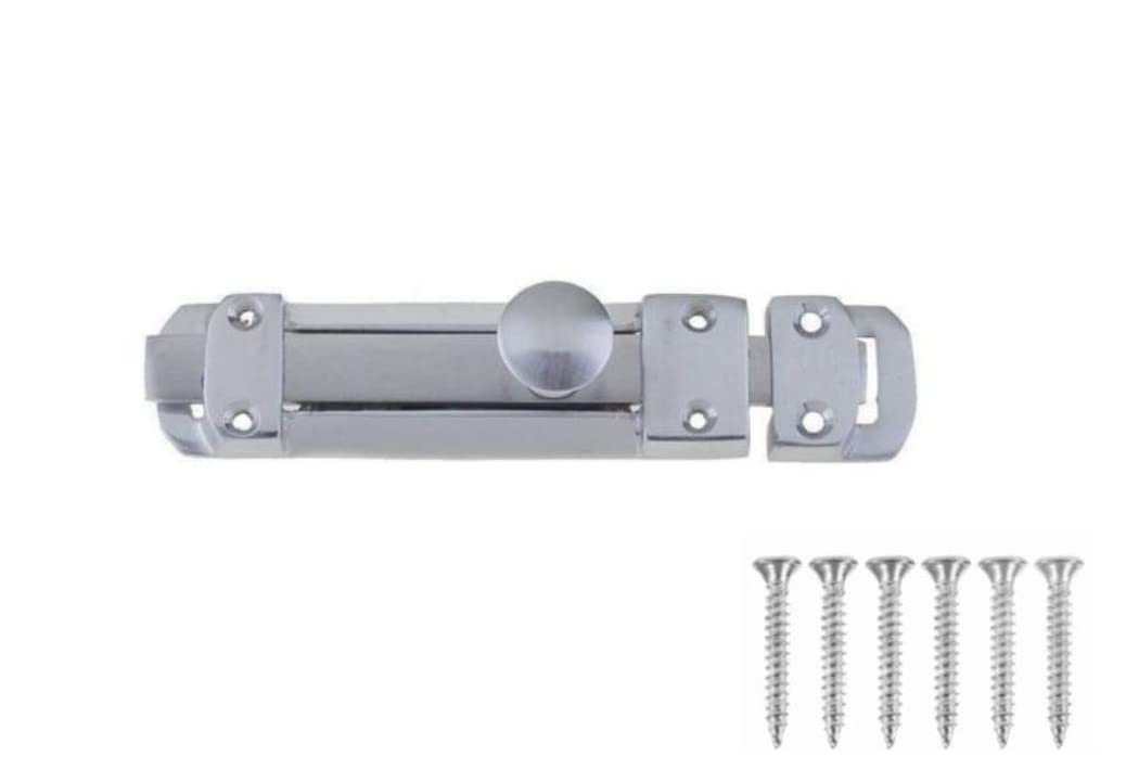 4 Inch Flat Door Bolts Satin Chrome Plated Bolt Door Latches Tower Bolt Sliding Lock Flat Slide Safety Door Barrel Bolt with Screws 1 Pack.