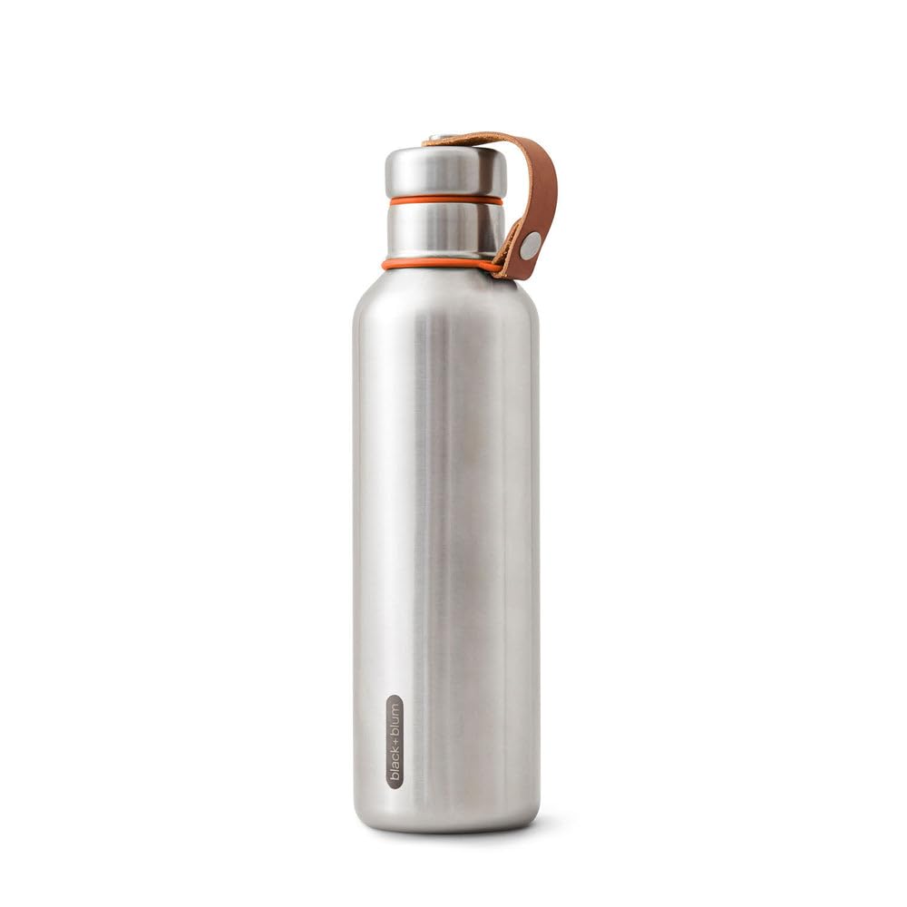 BLACK+BLUM - Water Bottle - Stainless Steel Thermal Insulated Leak Proof Travel Thermo Flask with Wide Spout and Stylish Vegan Leather Carry Loop - Keeps Hot for 12 hrs, Cold for 24 hrs,Orange - 750ml