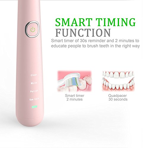 Sonic Electric Toothbrush, Rechargeable Toothbrush, Adult Electric Toothbrush with Holder and 2 Replacement Heads, (4 Modes with Automatic Timer, IPX7 Waterproof, Fast Charging), Pink