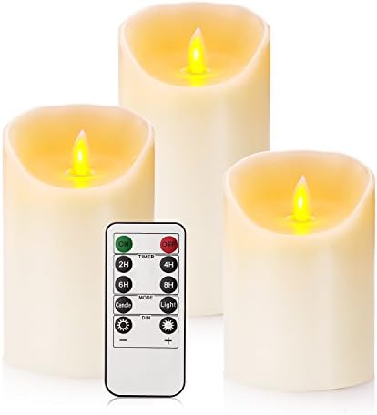 Flameless Candles Classic Real Wax Pillar With Moving LED Flame Inculde 10-key Remote Control and Cycling 24 Hours Timer, Height 4" 5" 6", Ivory - Set of 3