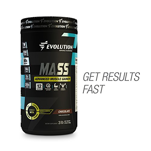 Evolution Advance Nutrition MASS ADVANCED Muscle Gainer (3 lbs, Chocolate) | 1280 Cal, 60gr Protein, 250gr carbs, 14g BCAA’s & 5gr Creatine | + Glutamine + CLA + Digestive Enzyme Blend + Vitamins