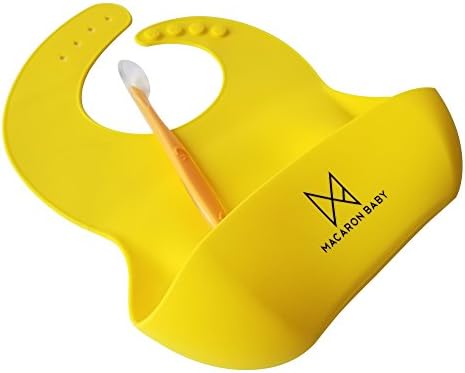 MACARON BABY waterproof silicone bibs, easy to clean, comfortable soft bibs keeps stains off, with food catcher pocket + BONUS Silicon Spoon (FDA & LFGB approved, BPA FREE) (Lifting Lemon)