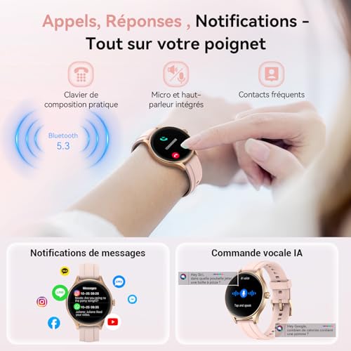 Montre Connectée Femme pour Samsung, iPhone, Android, 1.57" Smartwatch avec Appel Bluetooth, Montre Femme Surveillance de la Fréquence Cardiaque/Sommeil, 3ATM étanche, 120+ Modes Sport, Podometre