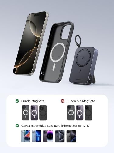 UGREEN 10000mAh Power Bank QI2 15W Inalámbrico PD 30W Carga Rápida, Bateria Portatil iPhone con Cable USB-C Integrado y Soporte Plegable, Pila Portatil Magsafe Compatible con iPhone 17/16/15, Galaxy
