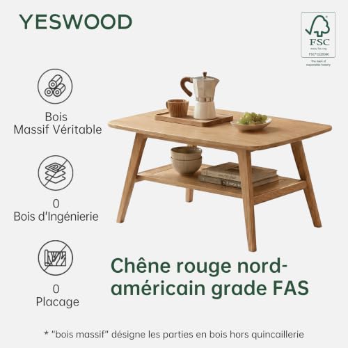 YESWOOD Solid Oak Coffee Table, Living Room Table with Storage 2 Levels, Solid Wood Coffee Table Ideal for Living Room, 80 x 50 x 44 cm, Natural Oak