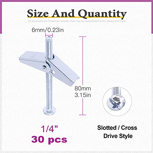 Swpeet 30Pcs 1/4 Inch Toggle Bolt and Wing Nut Kit for Hanging Heavy