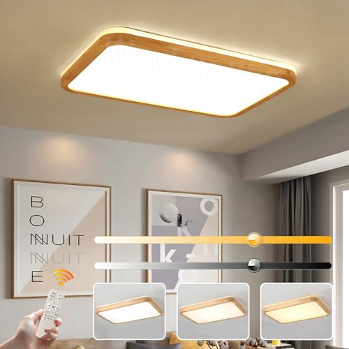 WayLuoung LED Wood Ceiling Light | 80 x 60 cm 3000-6000 K 78 W | Rectangular Natural Wood Lamp 360° Glow for Bedroom Living Room Children's Bedroom Kitchen Room (Dimmable with Remote Control)