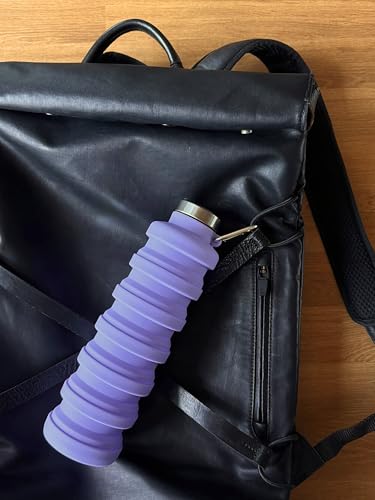 pandoo 700ml Collapsible Silicone Bottle - BPA Free, Leak Proof and Reusable - Lightweight Sports Water Bottle for Outdoor, Travel, Fitness - Black & Lilac