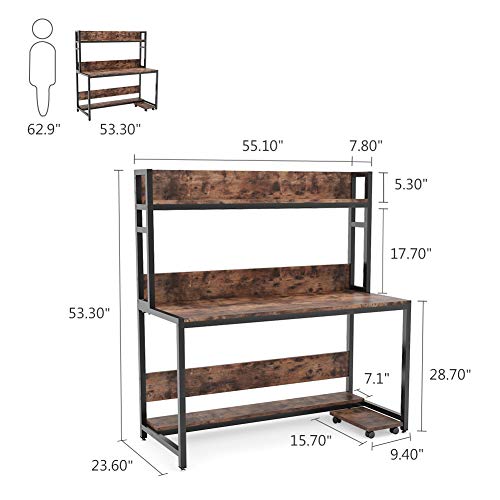 Tribesigns 55 Inches Large Computer Desk with Hutch, Modern Writing Desk with Bookshelf, PC Laptop Study Table Workstation for Home, Vintage + Black Legs