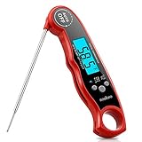 seatore Meat Thermometer, Waterproof Food Thermometer Digital Instant Read Thermometer Grill Thermometer with LCD Backlight Collapsible Internal Probe & Calibration for Kitchen, BBQ, Milk, Tea (red)