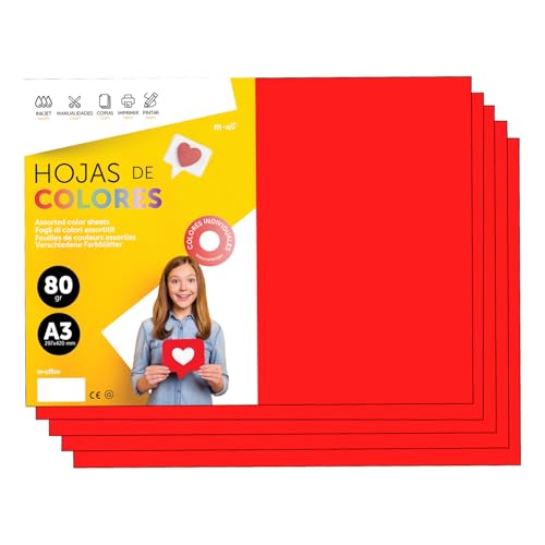 Colourful Paper A3 80 g for Printers & Crafts, Coloured Sheets for Children, Creative Projects, Cards & School m-Office (500 Sheets, Red)