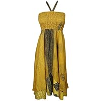 Mogul Interior Womens Sundress Recycled Vintage Silk Sari Two Layer Boho Hanging Around Summer Halter Dress